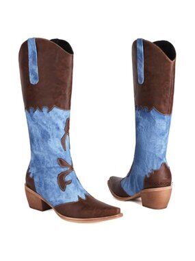 Women Pointed Toe Chunky Heel Pull On Mid Calf Cowboy Boots